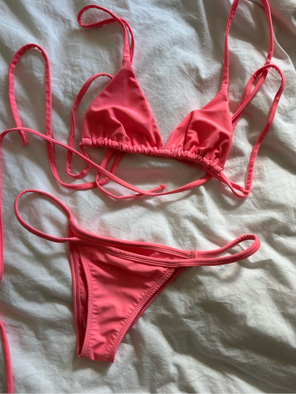 Women's Triangle String Bikini Top and Bottom - Coral Pink